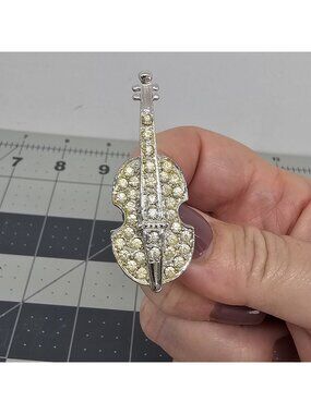 Vintage Pell Silver-Tone Rhinestone Violin Cello Music Pin Brooch